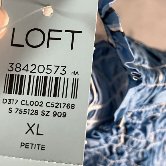 Loft Dress Womens Sz XLP Striped Poplin Smocked Bodice Midi Pocket Upstream Blue - Picture 7 of 9